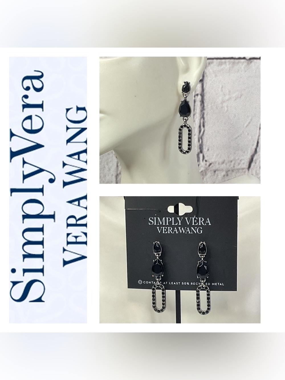 🌟🌟 Simply Vera Wang Black Crystal Link Drop Earrings
